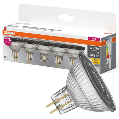 5x LED žárovka MR16 reflektor GU5.3 5W = 35W 345lm 2700K teplá bílá CRI90 12V 36° Dimmable BASE Osram