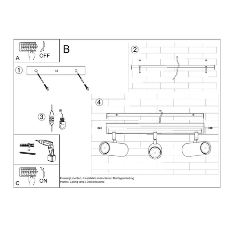 DIREZIONE stropní svítidlo 3xGU10 Reflektor Halogenové svítidlo Moving 45cm Černá SOLLUX