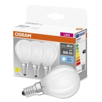 3x LED žárovka E14 P45 5.5W = 60W 806lm 4000K Neutrální bila 300° vlákno OSRAM BASE
