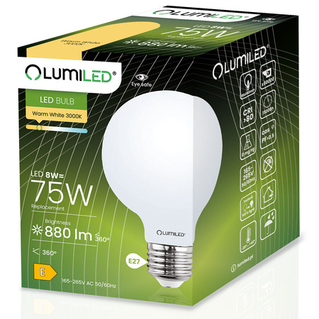 Žárovka LED E27, G95 8W = 75W 3000K Teplá bílá Globe Mléčná Filament LUMILED
