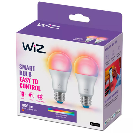 2x LED žárovka E27 A60 8,5W = 60W 806lm 2200-6500K RGB + TW Smart SMART WiFi Bluetooth App WiZ