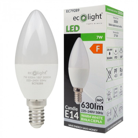 LED žárovka Candle B37 E14 7W 630lm 3000K Warm Ecolight