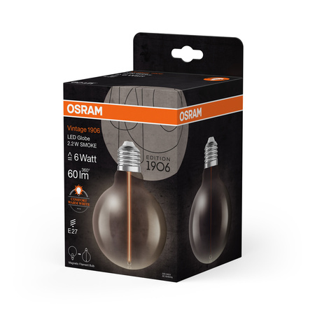 Dekorativní žárovka LED G95 Sphere E27 2,2W = 6W 60lm 1800K teplá bílá 320° Smoked Filament Vintage 1906 Osram