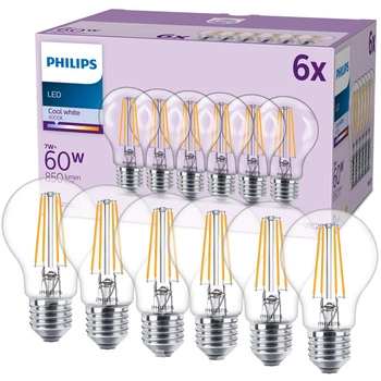 Sada 6x E27 A60 LED žárovka 7W = 60W 850lm 4000K Neutrální vlákno PHILIPS
