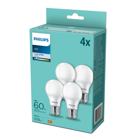 4x LED žárovka E27 A60 9W = 60W 806lm 4000K Neutral Milk PHILIPS