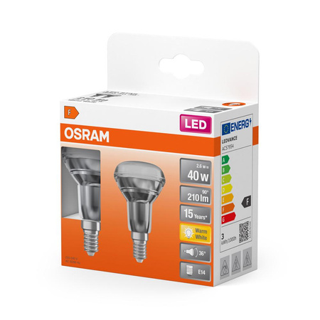 2x LED žárovka E14 R50 2.6W = 40W 210lm 2700K Teplá bílá 36° OSRAM STAR