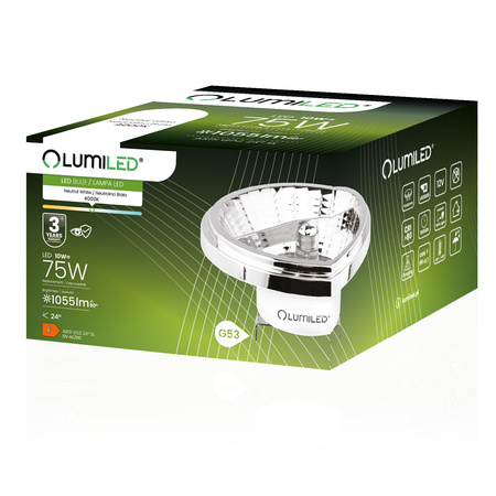 LED žárovka G53 AR111 10W = 75W 1055lm 4000lm Neutrální 24° 12V AC/DC Stříbrná LUMILED