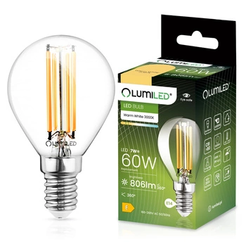 Žárovka LED E14, P45 7W = 60W 806lm 3000K Teplá bílá 360° Filament LUMILED
