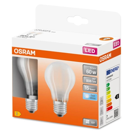 2x LED žárovka E27 A60 7W = 60W 806lm 4000K Neutrální bila 300° vlákno OSRAM STAR