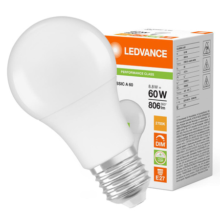 LED žárovka E27 A60 8,8W = 60W 806lm 2700K teplá bílá 200° stmívatelná Ledvance