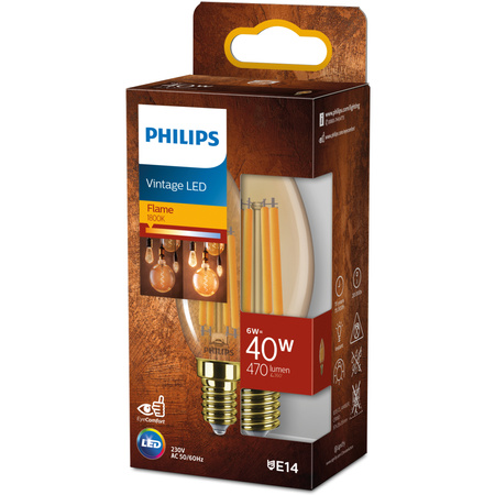 LED žárovka na svíčku E14 B35 6W = 40W 470lm 1800K Teplá bílá vlákno jantarové PHILIPS