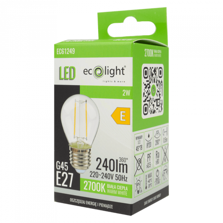 LED žárovka Ball P45 E27 2W 240lm 2700K Warm FILAMENT Ecolight