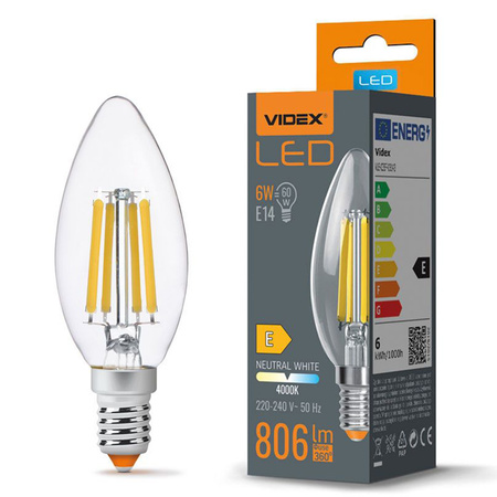 LED žárovka E14 C35 svíčka 6W = 60W 806lm 4000K neutrální bílá 360° FILAMENT Videx