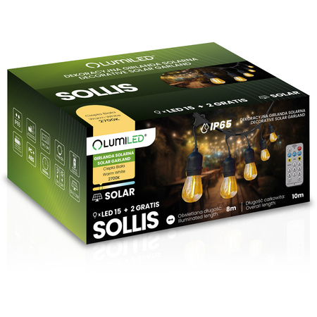 Solární zahradní girlanda 15x LED Dekorativní žárovky 10m + Dálkové ovládání IP65 2700K teplá bílá SOLLIS LUMILED