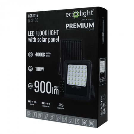 LED reflektor Solar 100W 900lm 4000lm Neutral IP65 se soumrakovým senzorem + dálkové ovládání Ecolight