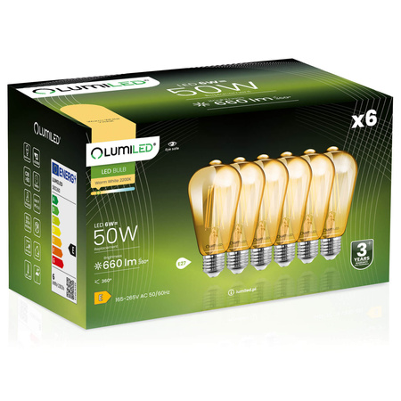 6x Žárovka LED Edison ST64, E27 6W = 50W 660lm 2200K Teplá bílá 360° Filament AMBER LUMILED