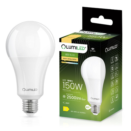 Žárovka LED E27, A80 18W = 150W 2500lm 3000K Teplá bílá 260° LUMILED