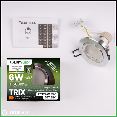 TRIX 3v1 GU10 6W 4000K Silver Gloss LUMILED kruhové halogenové svítidlo pro zapuštěnou montáž
