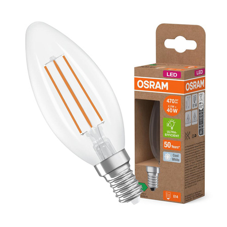 LED žárovka B35 Candle E14 2,2W = 40W 470lm 4000K Neutrální 320° 214lm/W CLASSIC ENERGETICKÁ ÚSPORNOST Osram