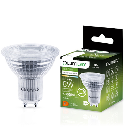 Žárovka LED GU10, 8W = 80W 650lm 4000K Neutralní bílá Reflektor 36° Stmívatelná LUMILED