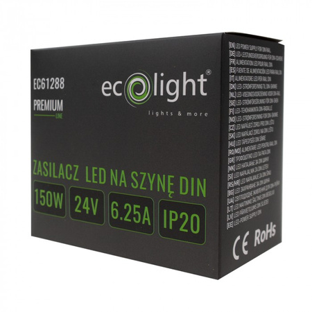 Napájecí zdroj na lištu DIN pro LED pásky 150W 24V 6,25A IP20 PREMIUM Ecolight