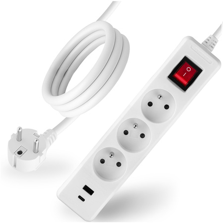 Síťový prodlužovací kabel s uzemněním 3 zásuvky 1,5 m vypínač bílý USB + USB-C kabel ELGER Lumiled