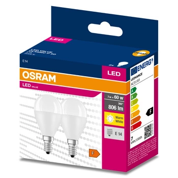 2x LED žárovka E14 P45 7W = 60W 806lm 3000K Teplá bílá 200° HODNOTA OSRAM