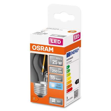 LED žárovka E27 P45 2.5W = 25W 250lm 4000K Neutrální bila 300° vlákno OSRAM STAR