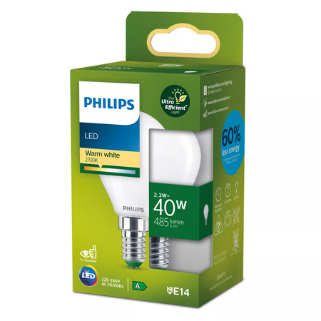 LED žárovka E14 Ball P45 2,3W = 40W 485lm 210lm/W 2700K Warm 300° CLASS A UltraEfficient Philips