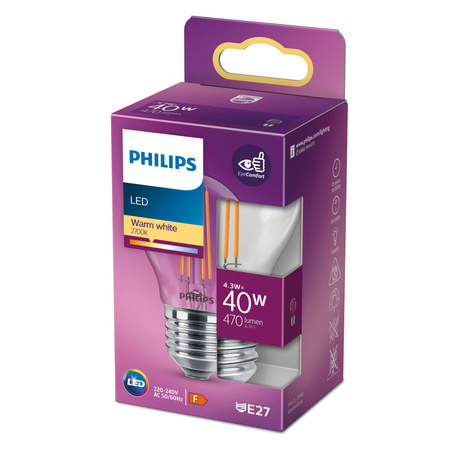 LED žárovka E27 P45 4.3W = 40W 470lm 2700K Teplá bílá vlákno PHILIPS