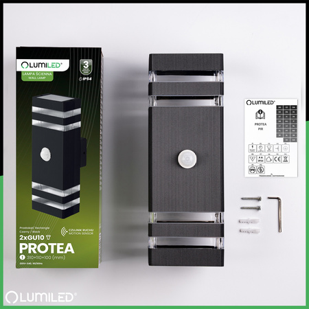 Zahradní nástěnné svítidlo shora dolů 2xGU10 Black Senzor pohybu a soumraku IP54 PROTEA LUMILED
