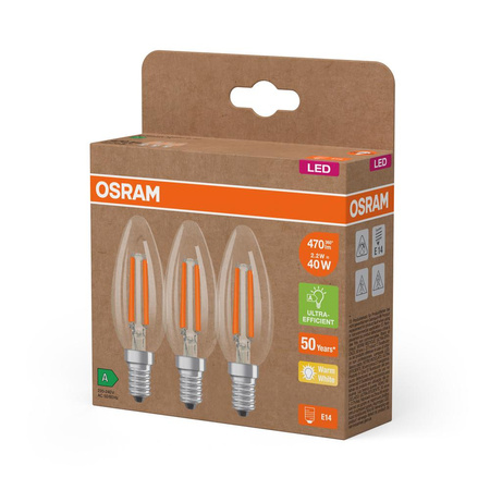 3x LED žárovka B35 Candle E14 2,2W = 40W 470lm 2700K Warm 330° 214lm/W CLASSIC ENERGETIC EFFICIENCY Osram