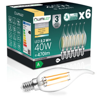6x LED žárovka E14 svíčka BA35 2,2W 470lm = 40W 2700K teplá bílá 360° Filament energetická třída A LUMILED