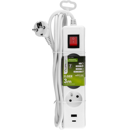 Síťový prodlužovací kabel Uzemněný napájecí pásek 3 zásuvky 3m Vypínač bílý USB + USB-C kabel ELGER Lumiled
