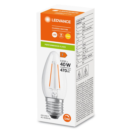 LED žárovka B35 E27 4,8W = 40W 470lm 2700K Teplá bílá FILAMENTNÍ STMÍVATELNÁ LEDVANCE