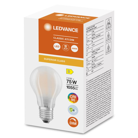 LED žárovka E27 A60 7.5W = 75W 1055lm 4000K neutrální bílá 300° CRI90 vlákno Mléčně stmívatelná Ledvance Superior