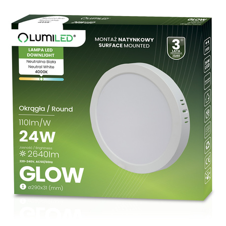 LED stropní svítidlo pro povrchovou montáž 24W Kruhové 4000K GLOW White LUMILED