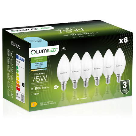 6x LED žárovka E14 Candle B35 10W = 75W 1100lm 6500K Cold 180° LUMILED