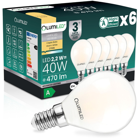6x LED žárovka E14 kapka P45 2,2W 470lm = 40W 2700K teplá bílá 360° Filament energetická třída A LUMILED