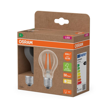 2x LED žárovka A60 E27 3,8W = 60W 806lm 2700K Warm 300° Filament CLASSIC ENERGY EFFICIENCY Osram