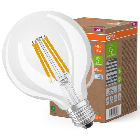 LED žárovka G95 Sphere E27 3,8W = 60W 806lm 4000K Neutrální 300° vlákno CLASSIC ENERGETICKÁ ÚSPORNOST Osram