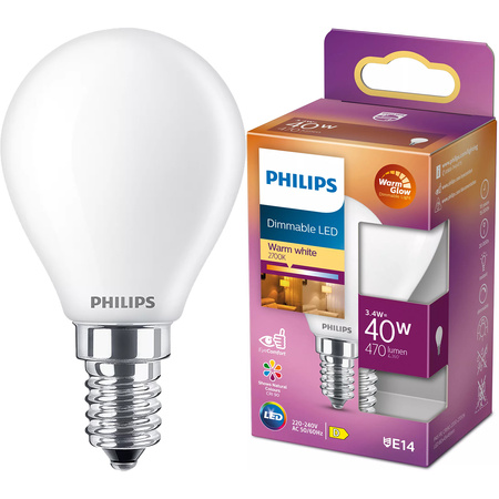 LED kulová žárovka E14 P45 3.4W = 40W 470lm 2700 Teplá bílá vlákno Mléčné PHILIPS Stmívatelné