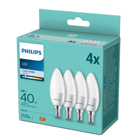 4x LED žárovka E14 B35 4,9W = 40W 470lm 4000K neutrální bílá Milk PHILIPS