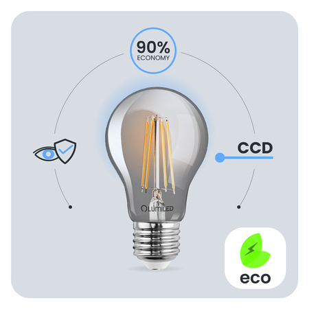 Žárovka LED A60, E27 6W = 50W 660lm 2200K Teplá bílá 360° Filament Smokey LUMILED