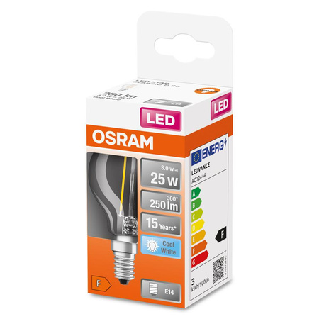 E14 P45 LED žárovka 2.5W = 25W 250lm 4000K Neutrální bila 300° vlákno OSRAM STAR