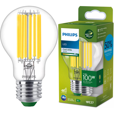 LED žárovka E27 A60 7.3W = 100W 1535lm 4000K Neutrální bila vlákno PHILIPS Ultra Efficient