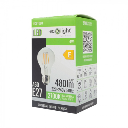 LED žárovka A60 E27 4W 480lm 2700K Warm FILAMENT Ecolight
