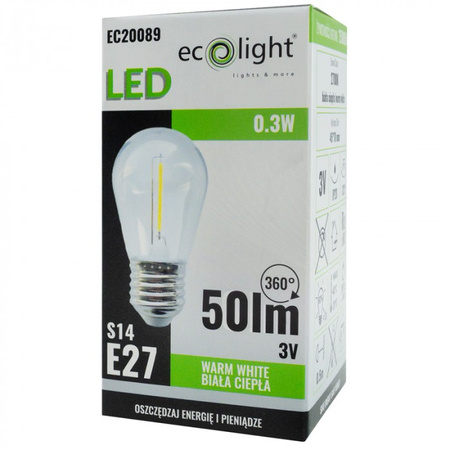 LED Edison S14 E27 0,3W 50lm 2700K teplá bílá 3V FILAMENT Ecolight žárovka