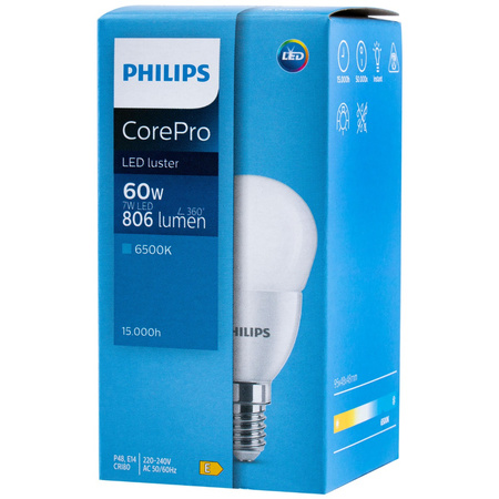 LED žárovka E14 7W = 60W 806lm 6500K Studená bílá KULIČKA PHILIPS
