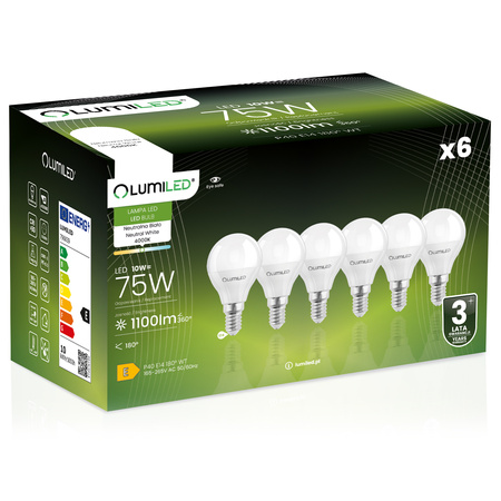 6x LED žárovka E14 kapka 10W = 75W 1100lm 4000K neutrální bílá barva CCD 180° LUMILED